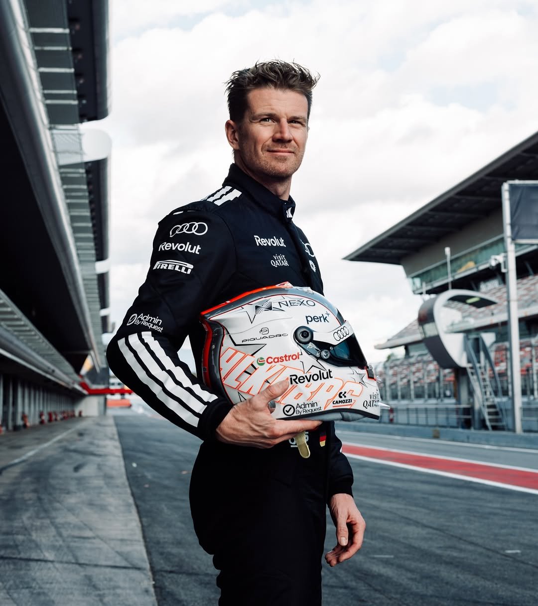 Photo shared by Nico Hulkenberg on January 18, 2026 tagging @f1, @jmd_helmets, @schuberthmotorsport, and @audif1. May be an image of racing vehicles, race car, helmet and text.