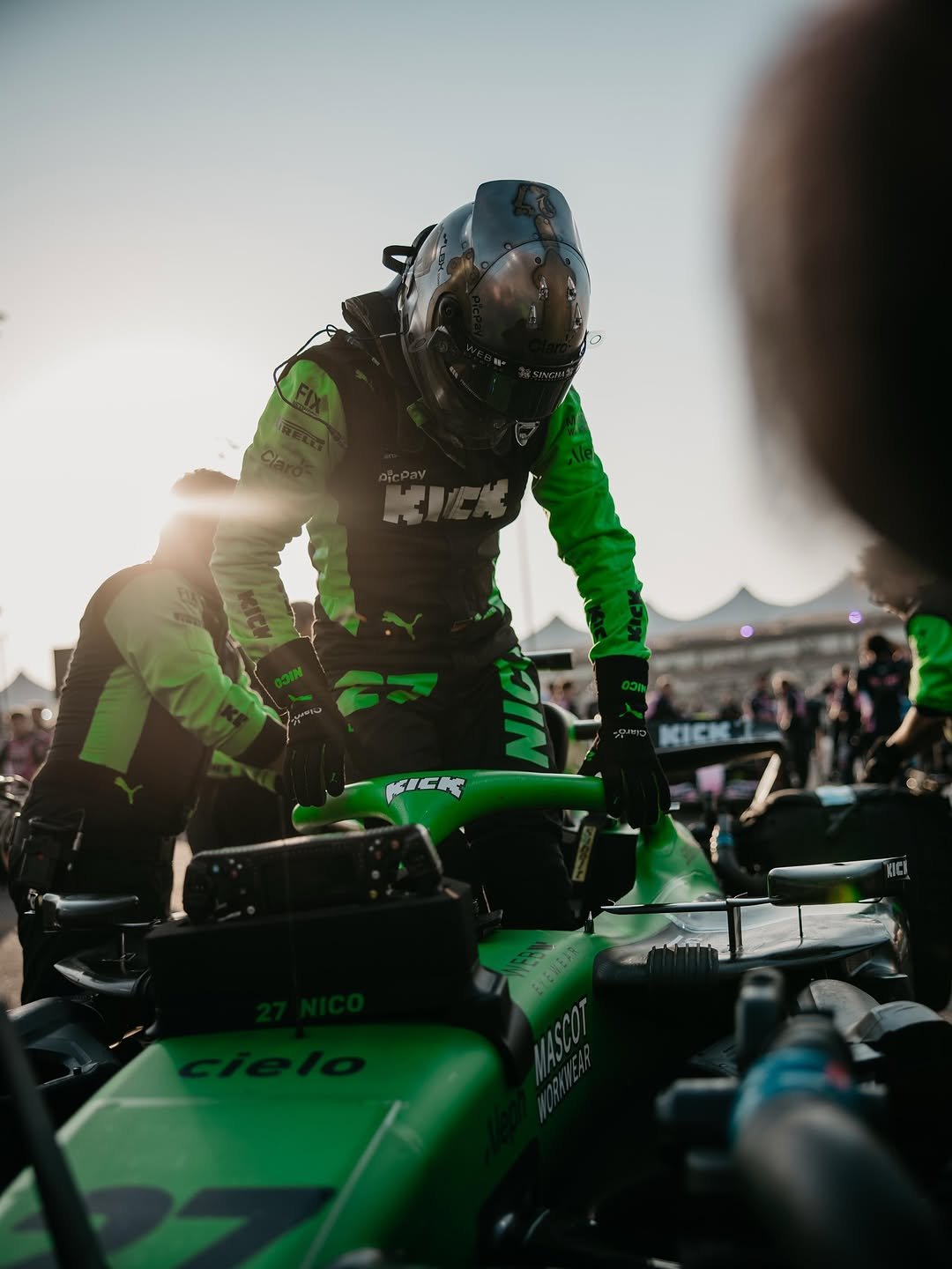 Photo shared by Nico Hulkenberg on December 07, 2025 tagging @stakef1team, @f1, @alpineracer.ch, and @schuberthmotorsport. May be an image of racing vehicles, race car and helmet.