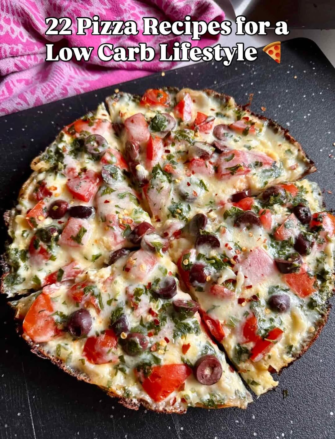 Photo by Stella Drivas 🇬🇷🇺🇸 on April 19, 2026. May be an image of pizza, tomato, mozzarella and text that says '22 Pizza Recipes for 2PizzaRecipesfor a Low Carb Lifestyle スターメ'.