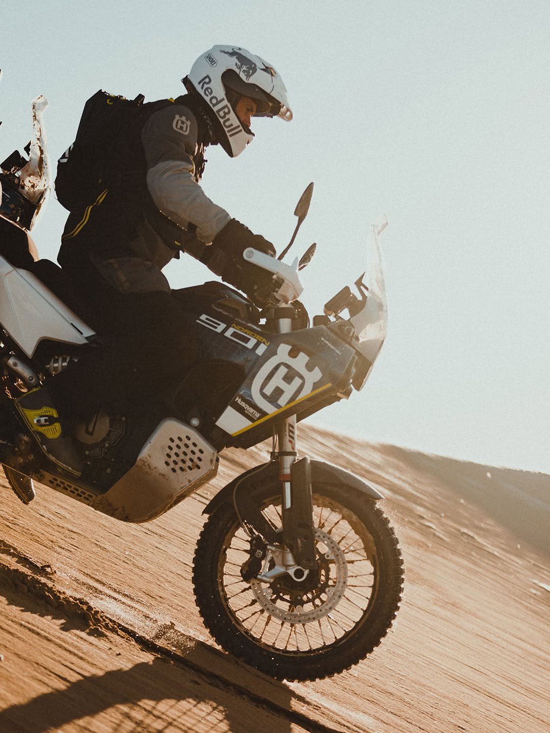 Photo shared by Husqvarna Motorcycles on April 26, 2026 tagging @cyril_despres. May be an image of racing vehicles, dirt bike, motorcycle, helmet, scooter and text that says 'RedBull RedBull Husqvarna I 前'.