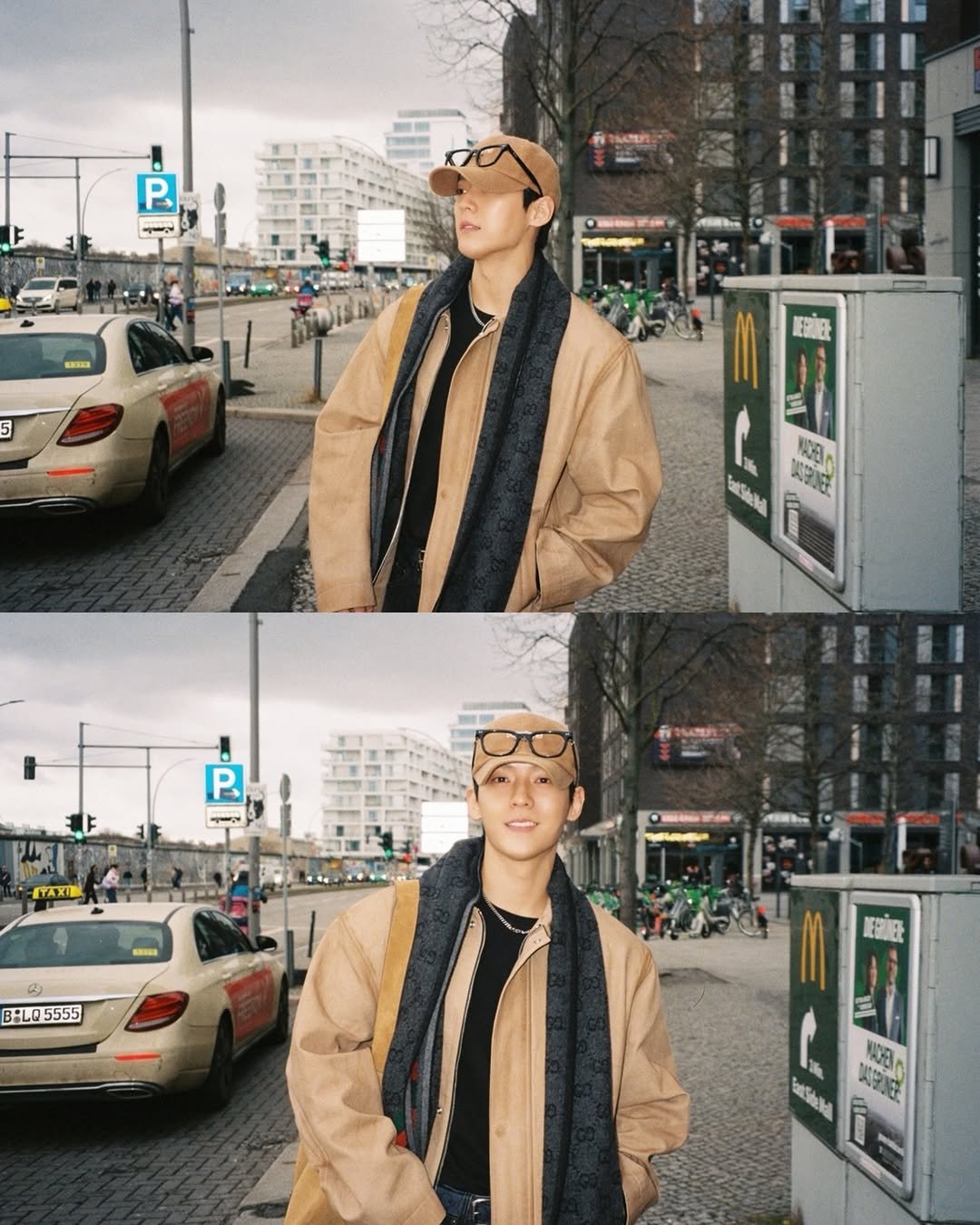 Photo by 이민혁 on March 14, 2026. May be an image of one or more people, duffle coat, scarf, overcoat, parka, headscarf, bandanna, turtleneck, turban, bolo tie, beret, street and text.