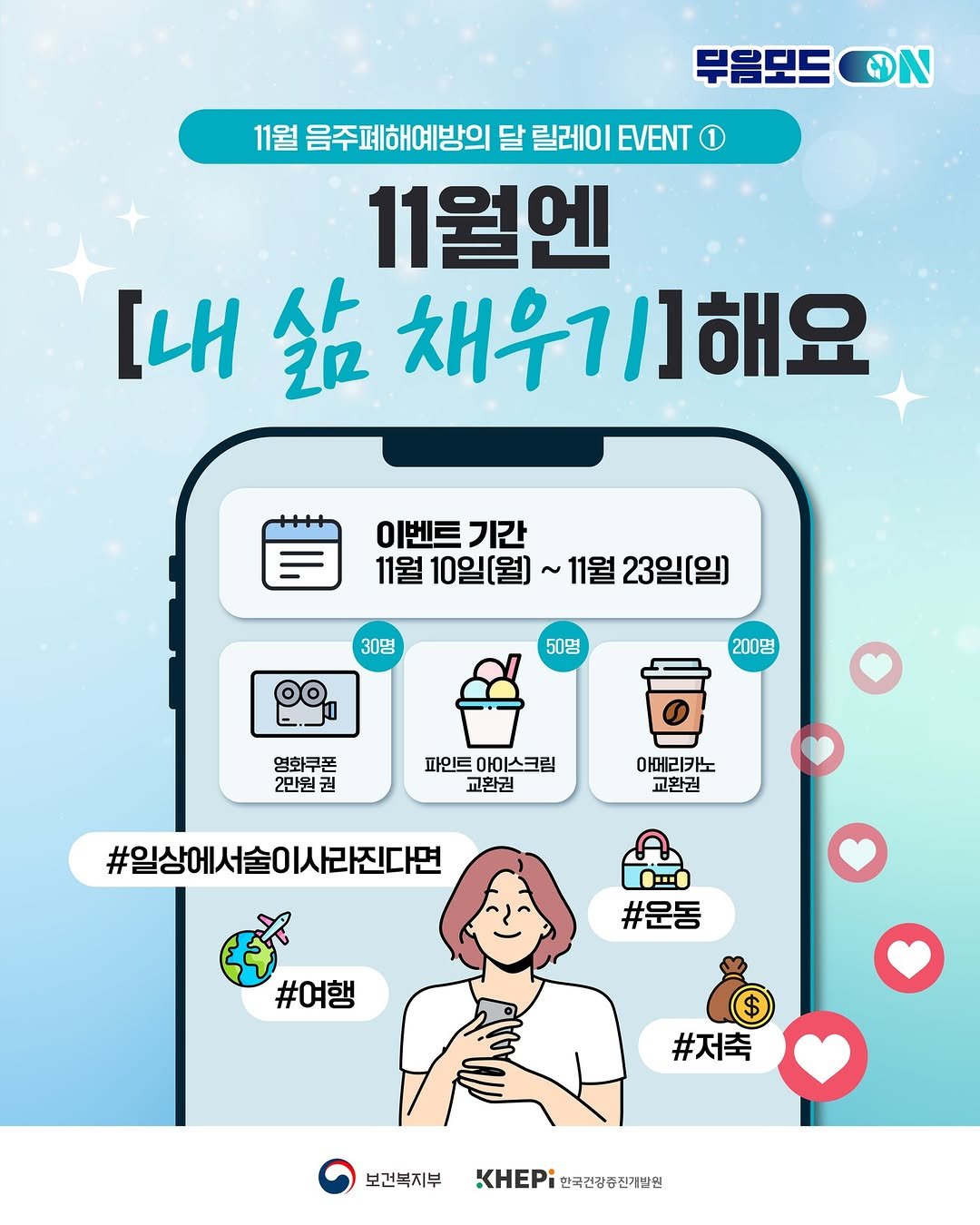 Photo by 화천군청 on November 08, 2025. May be a doodle of text that says '부음도드 ON 11월 음주폐해예방의 달 릴레이 EVENT 11월엔 [내삶채우기] [내 채우기]해요 이벤트기간 기간 11월 10일[월) 11월 23일[일) 30명 50명 ဆ9 200명 영화쿠폰 2만원 권 파인트 아이스크림 교환권 아메리카노 교환권 #일상에서술이사리진다면 安 #여행 #운동 #저축 보건북지부 KHEPi KH한국건강송전개발원 한국건강증진개발원'.