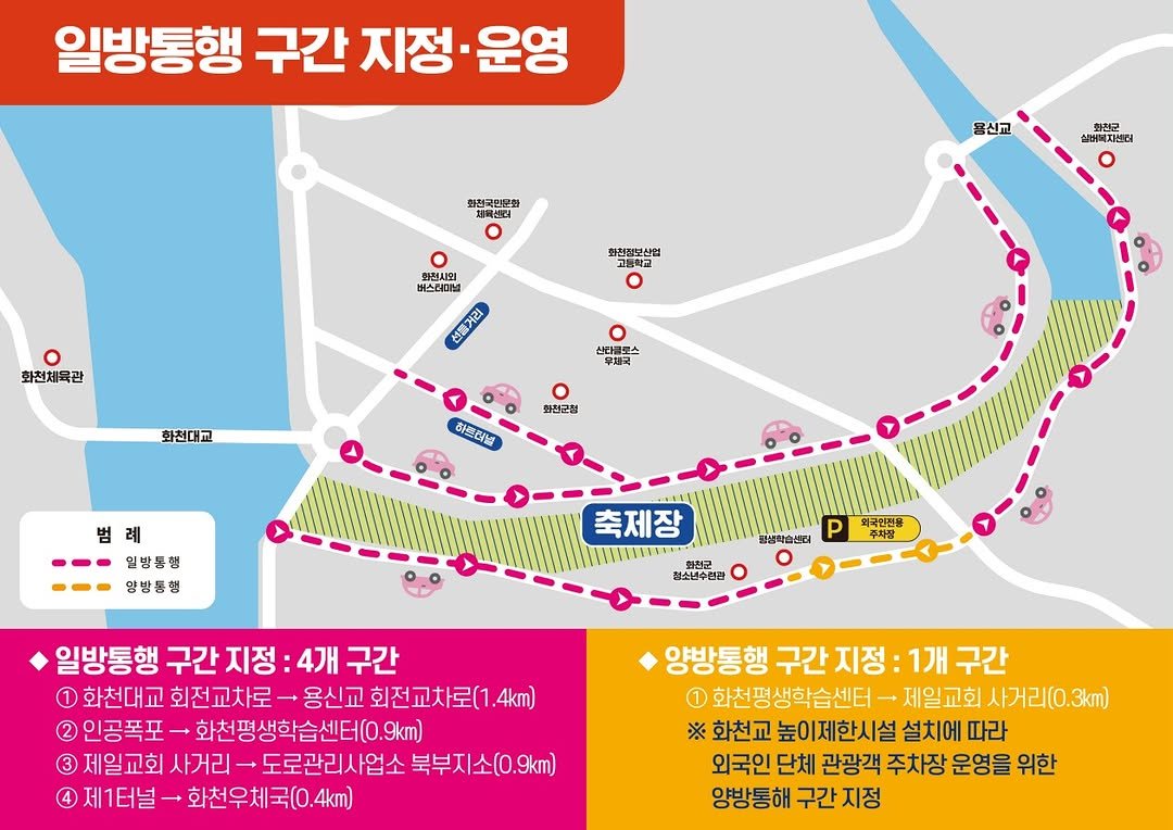 Photo by 화천군청 on December 25, 2025. May be an image of map, poster and text that says '일방통행 구간 지정·운영 운영 지정· 화전국민국화 고플로시림 행국산회 용신교 화전균 실바에지 실버씨지센터 지센러 นสเทร 한전시의 시외 버스러미닝 HIDILA 선풍거리 화천정보산업 可圖か版 화전체육관 산티클로스 무체국 화천대교 화천군형 하조틴성 범례 일방통행 양방동행 축제장 P 김생학습센터 외국인전용 주차팔 화천군 청소년수련관 일방통행 구간 지정: 4개 4개구간 구간 화천대교 회전교차로 → 용신교 회전교차로(1 .4km) 인공폭표 화천평생학습센터(0.9k) 제일교회 사거리. 도로관리사업소 북부지소(0.9km) 제1터널 → 화천우체국(0.4km) 화천우체 양방통행 구간 지정: 구간지정: 1개구간 1개 구간 1 화천평생학습센터- 제일교회 사거리(0.3km) ※ 화천교 높이제한시설 설치에 따라 외국인 단체 관광객 주차장 운영을 위한 양방통해 구간 지정'.