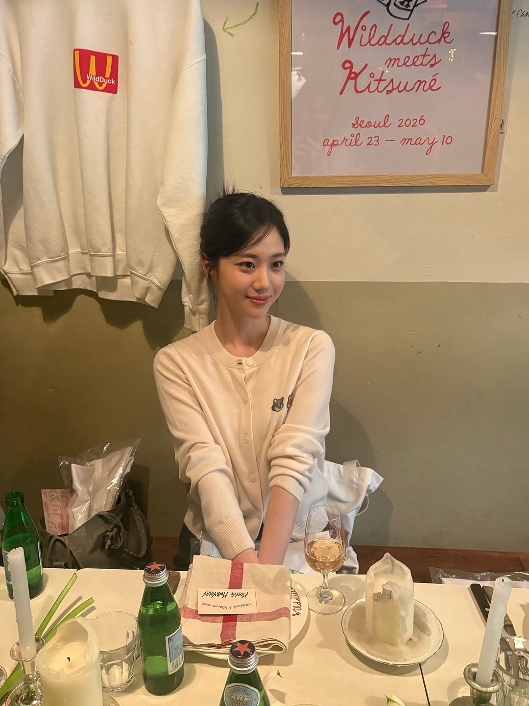 Photo shared by 홍화연 ••• Hong Hwayeon on April 24, 2026 tagging @maisonkitsune. May be an image of candle and text.