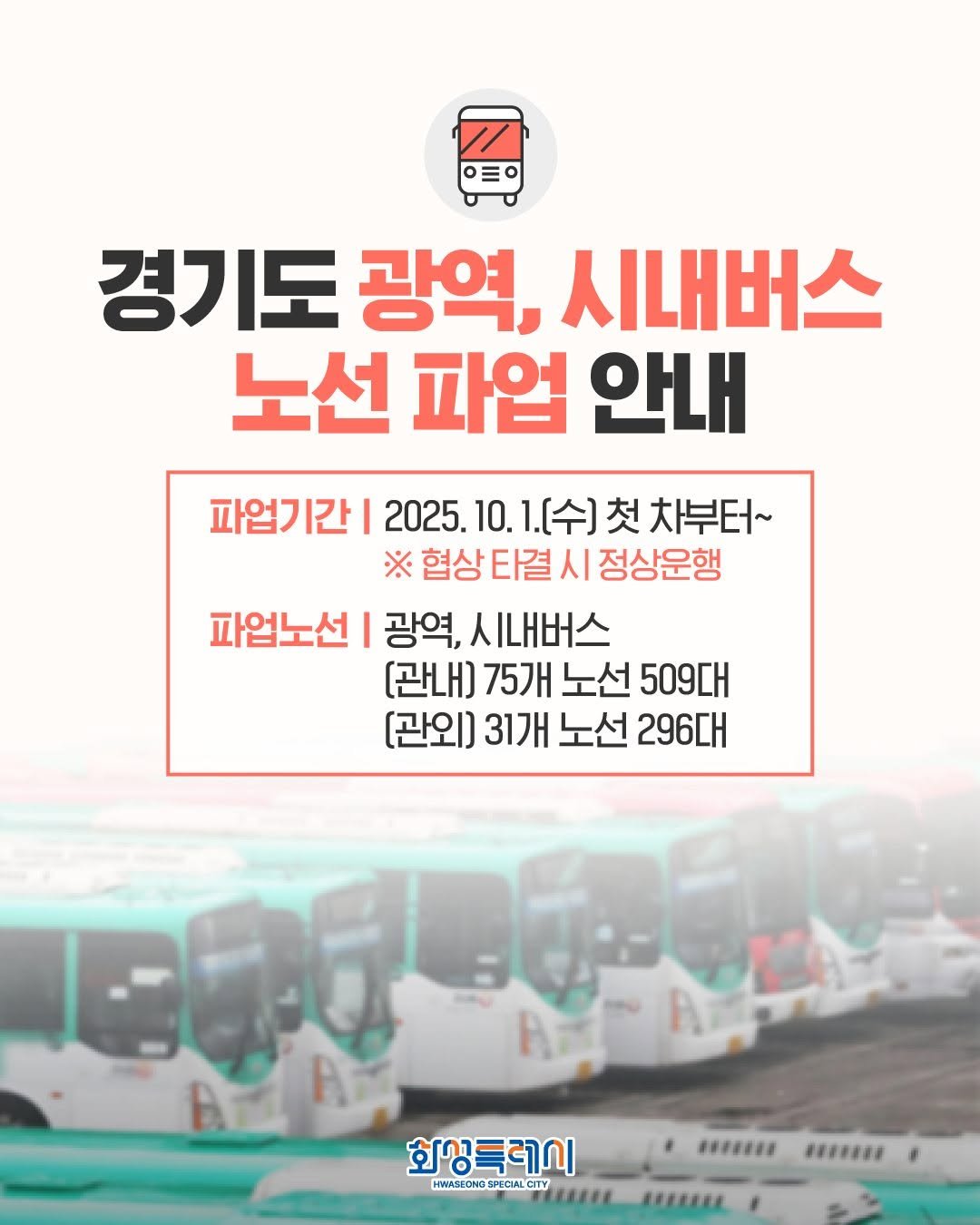 Photo by 화성특례시청 on September 29, 2025. May be an image of bus and text that says 'ㅇㅌㅇ 경기도 광역, 시내버스 노선 파업 안내 파업기간| 2025. 10. 1.(수] 첫 차부터~ ※ 협상 타결 시 정상운행 파업노선 광역, 人 시내버스 [관내] 75개 노선 509대 [관외] 31개 노선 296E 화상특레시 HIWASEONG SPECIAL PECIAL CITY CITY EH BH mITHE IEEE'.
