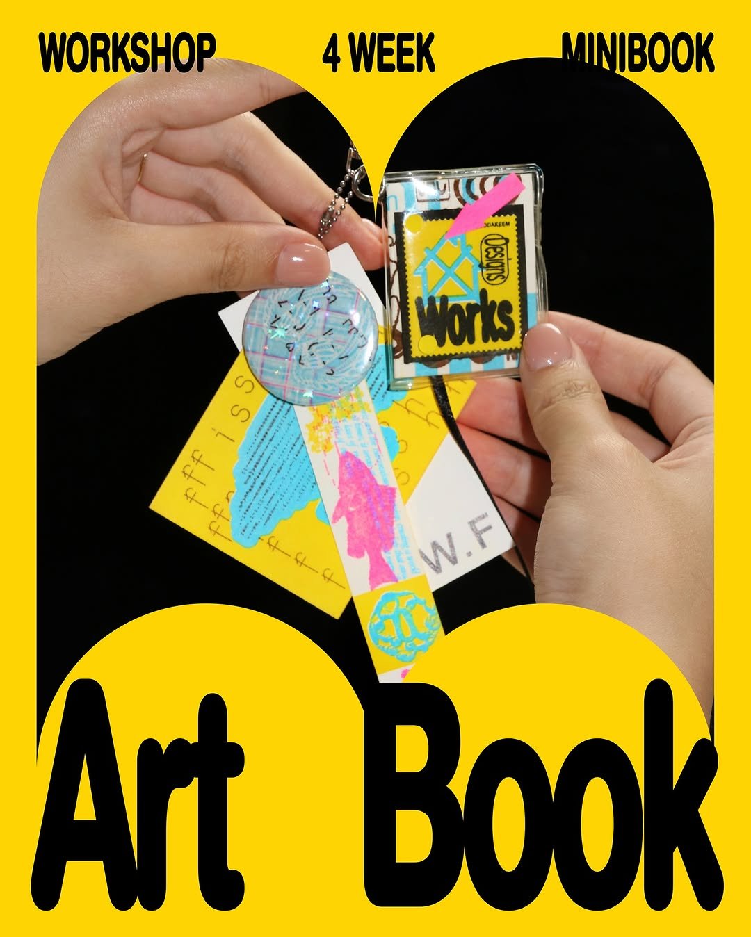 Photo by 하우풀리소클럽 HWFRISOCLUB on July 18, 2025. May be an illustration of 1 person, diary, book, poster, stitching, card, clipboard and text that says 'WORKSHOP 4 WEEK MINIBOOK 必网 XAИEHm ን ឌ Works S ff K + fiss S f つか ( C iW.F W Art Book'.