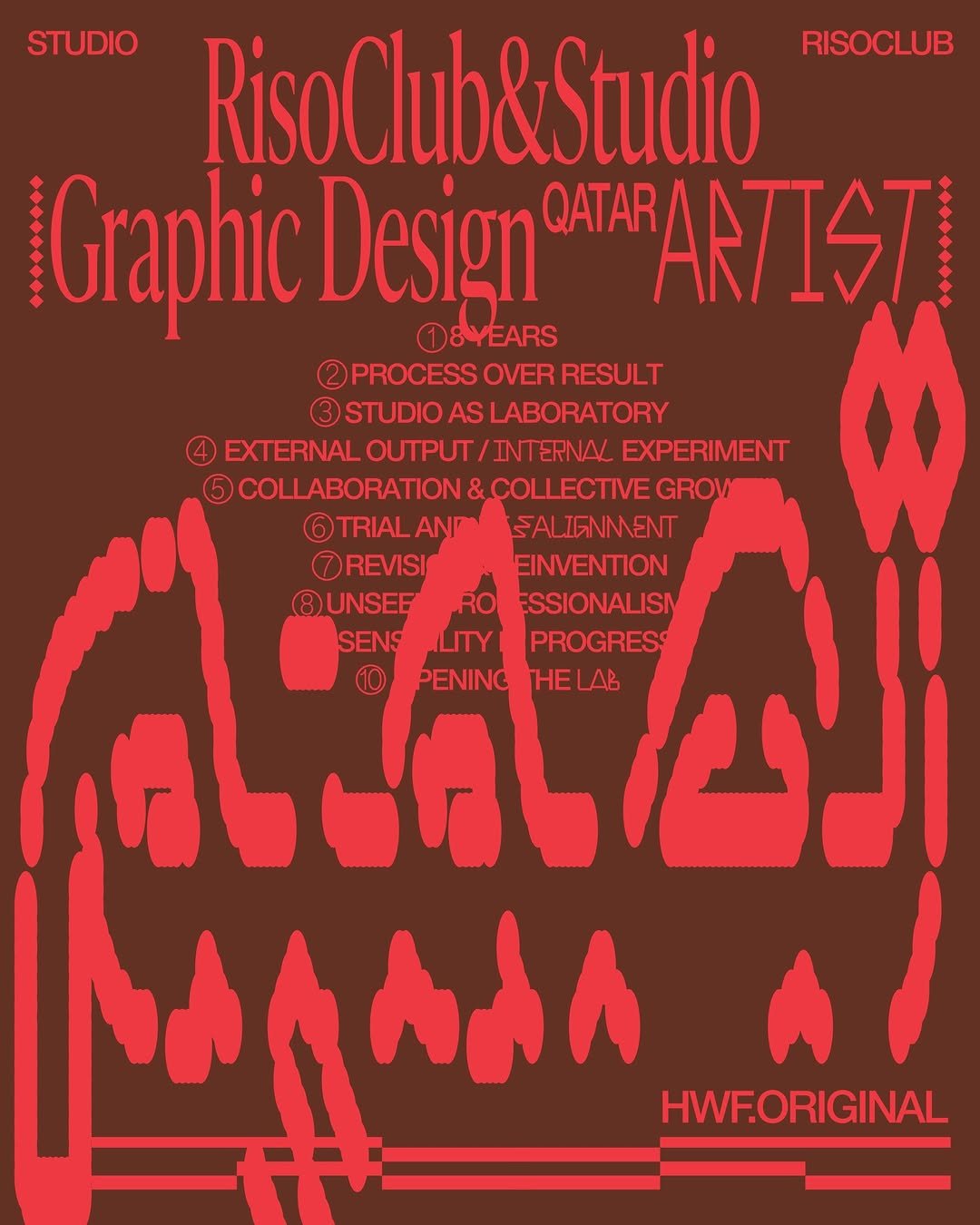 Photo shared by 하우풀리소클럽 HWFRISOCLUB on February 16, 2026 tagging @hwfstudio. May be an illustration of poster, magazine and text that says 'STUDIO RisoClub&Studio RISOCLUB Graphic Design 18YEARS QATAR ARTIST PROCESS OVER RESULT STUDIO AS LABORATORY EXTERNAL OUTPUT/ INTERNAL EXPERIMENT COLABORATON&.COLECTIVEGROI 6 TRIAL AND SALIGNMENT REVISI EINVENTION BUNSEE ESSIONALIS SENS Y PROGRESS PENING HeUAb HE LAB የራሲ HWF.ORIGINAL'.