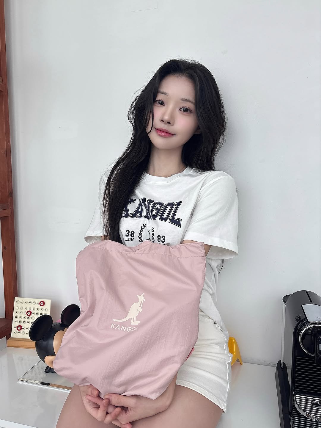 Photo shared by 조효민 on July 21, 2025 tagging @kangolkorea. May be an image of 1 person, sleepwear and text.