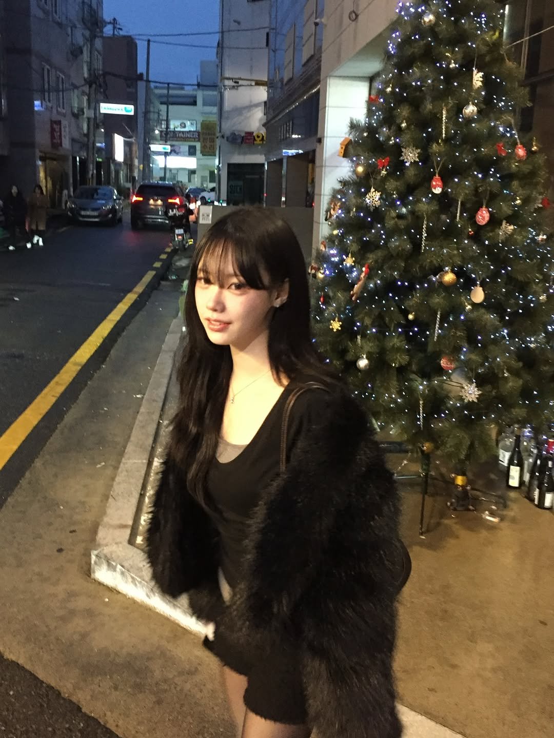 Photo by 뭐혜연 on December 25, 2025. May be an image of one or more people, hair, duffle coat, christmas tree, fur, parka, night and text.
