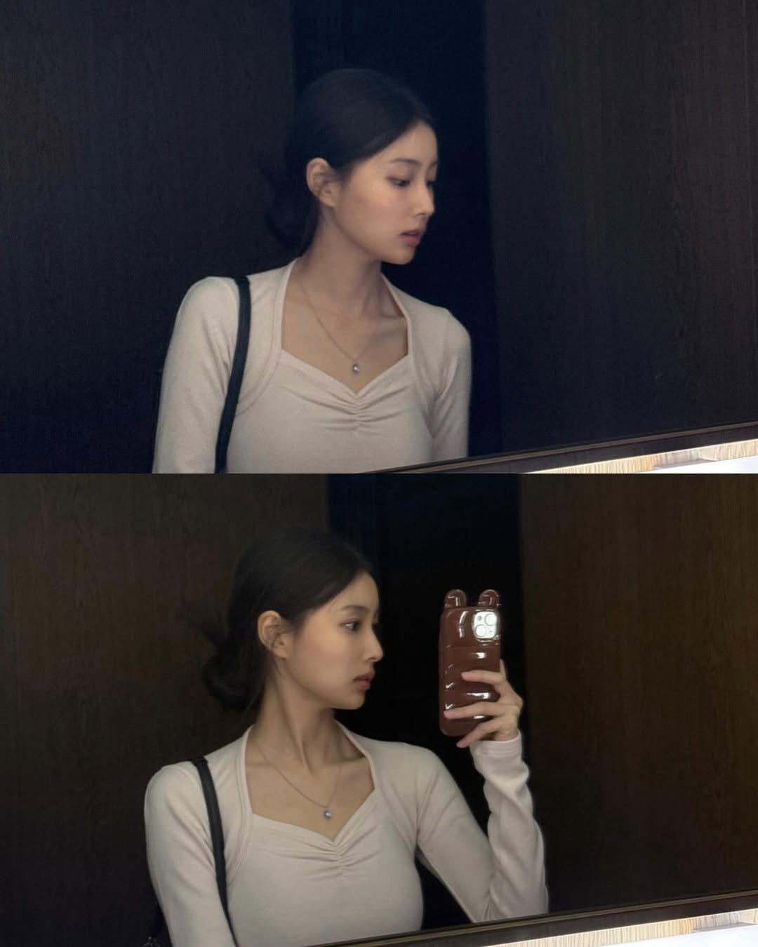 Photo by 강혜원 Kang hyewon on October 09, 2025. May be a selfie of 2 people, hair, top, mirror and text.