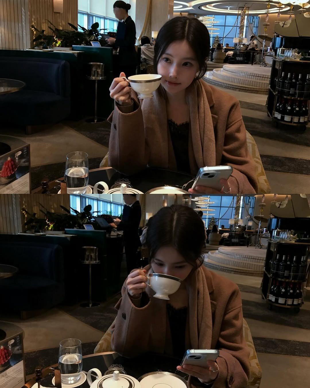 Photo by 강혜원 Kang hyewon on January 13, 2026. May be an image of one or more people, hair, phone, tea, cornflower and text.