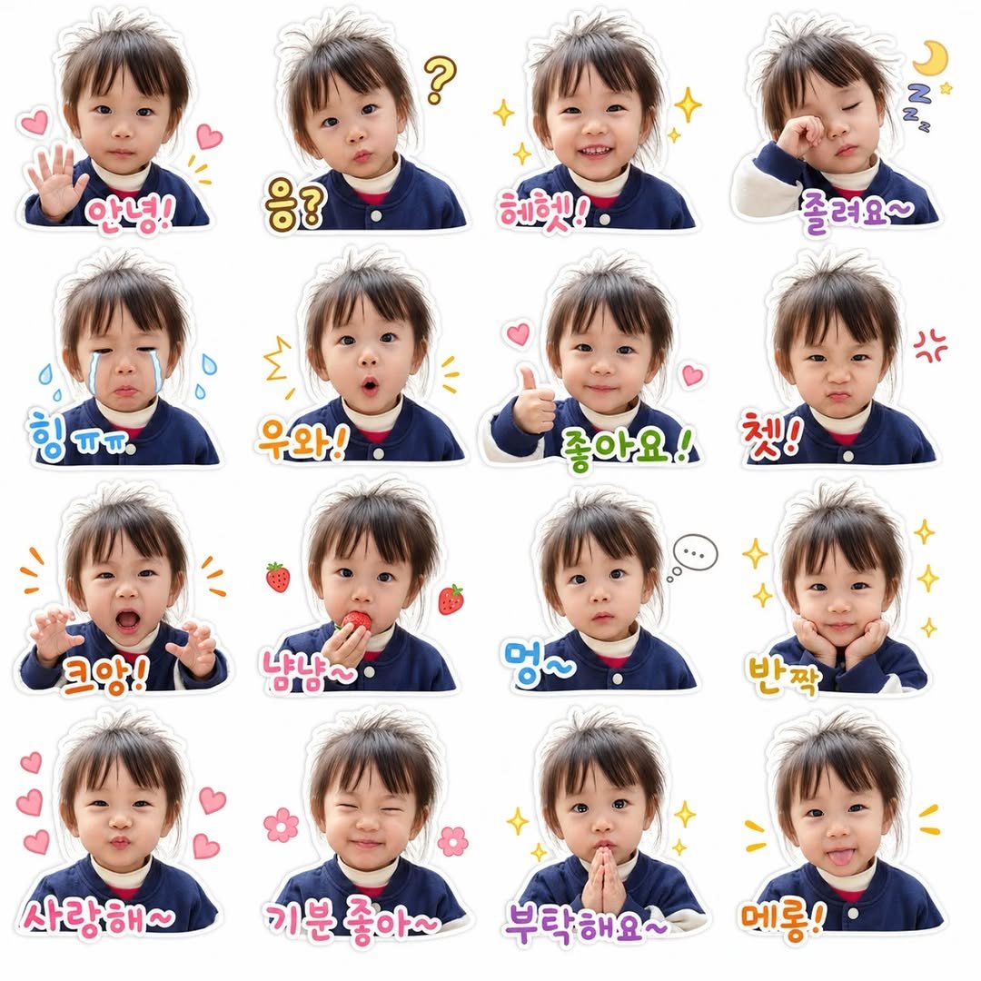 Photo by 소소한 살림 on April 25, 2026. May be an image of baby, calendar and text that says '? 안녕! 응? ደለራ 헤헷! 졸려요~ 우와! 그는 좋아요! 헷! 크앙! 냐냐~ D1ON 냐나 멍~ 반짝 사라해~ 기분좋아~ 기분 부탁해요~ 메롱!'.