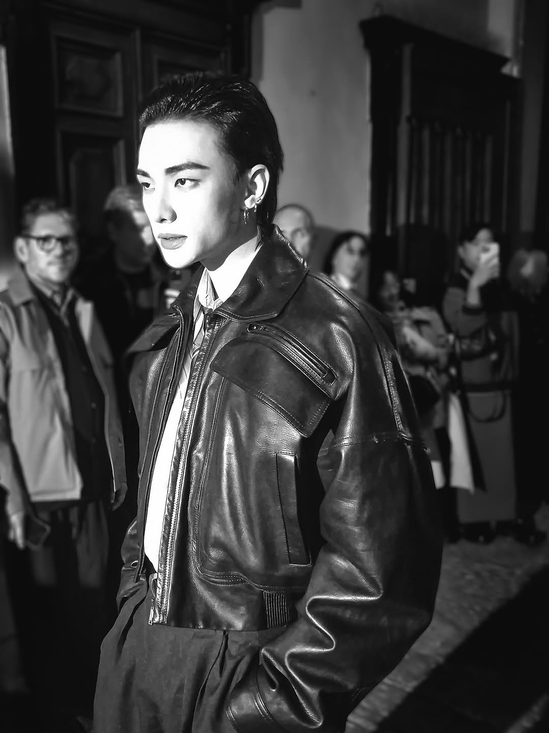 Photo shared by hyunjin on September 27, 2025 tagging @dario___vitale. May be a black-and-white image of leather, overcoat, dinner jacket and bolo tie.