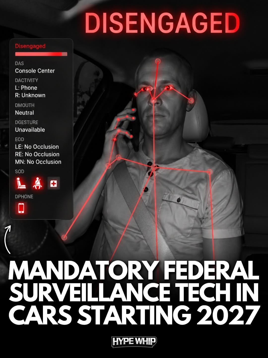 Photo shared by HYPEWHIP on April 26, 2026 tagging @hypewhip. May be a graphic of car, poster, magazine and text that says 'Disengaged DISENGAGED ConsoleCenter Console Center DAC IVITY L: Phone R: Unknown DMOUTH Neutral Unavailable EOD LE: No LE:NoOcclusion Occlusion RE: Occlusion MN: No Occlusion SOD PHONE + C MANDATORY FEDERAL SURVEILLANCE TECH IN CARS STARTING 2027 HYPE WHIP'.