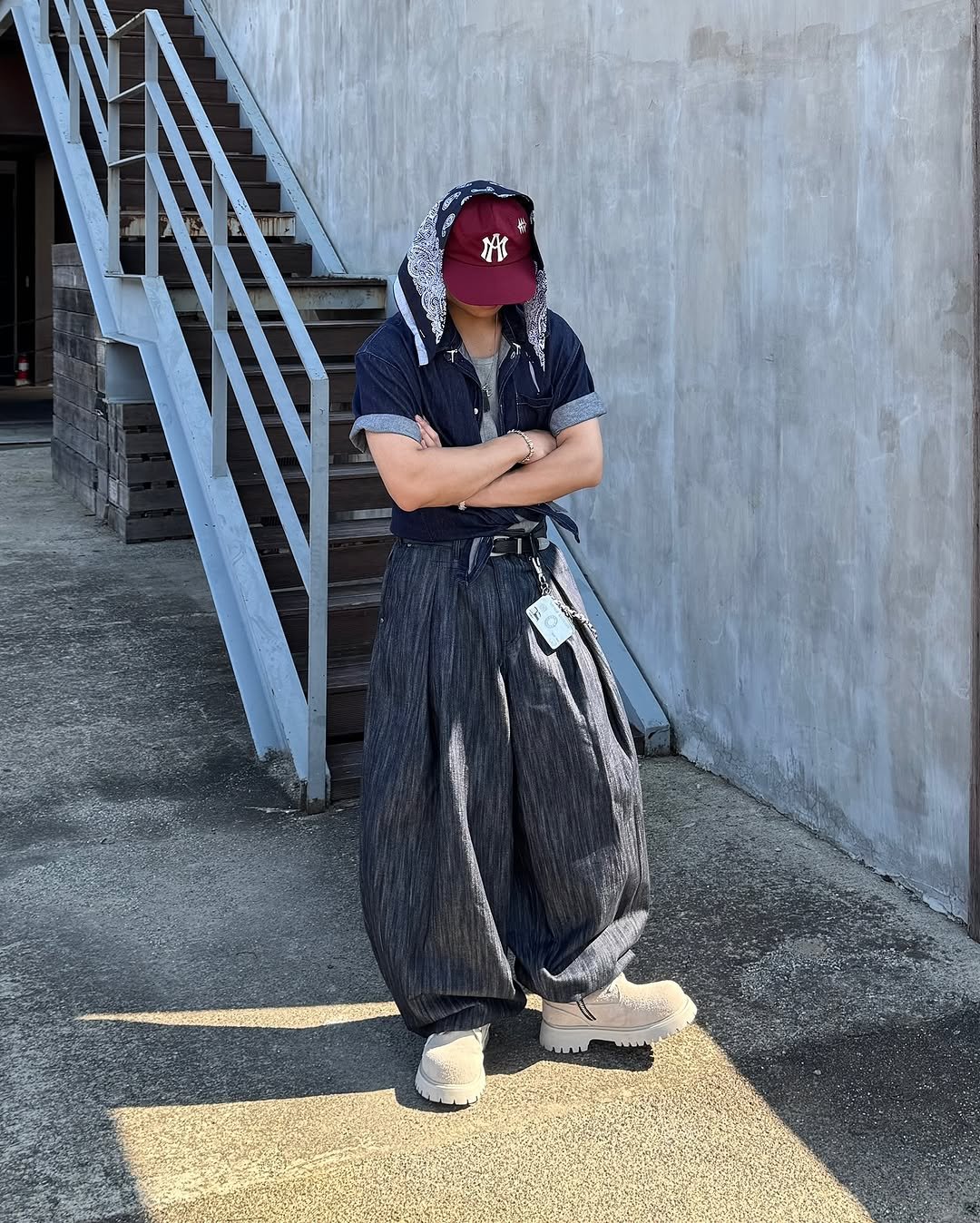 Photo shared by 황혁 on September 28, 2025 tagging @plac_official, and @idws_official. May be an image of 1 person, kilt, bandanna, sarong and text.