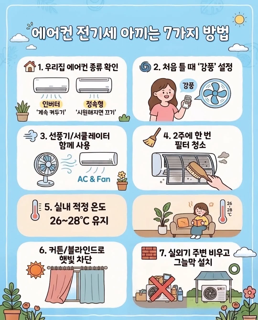 hyuni__home 게시물 이미지: 장마가 끝나면 본격적인 무더위가 시작되는데
에어컨 전기세 아끼는 7가지 방법...