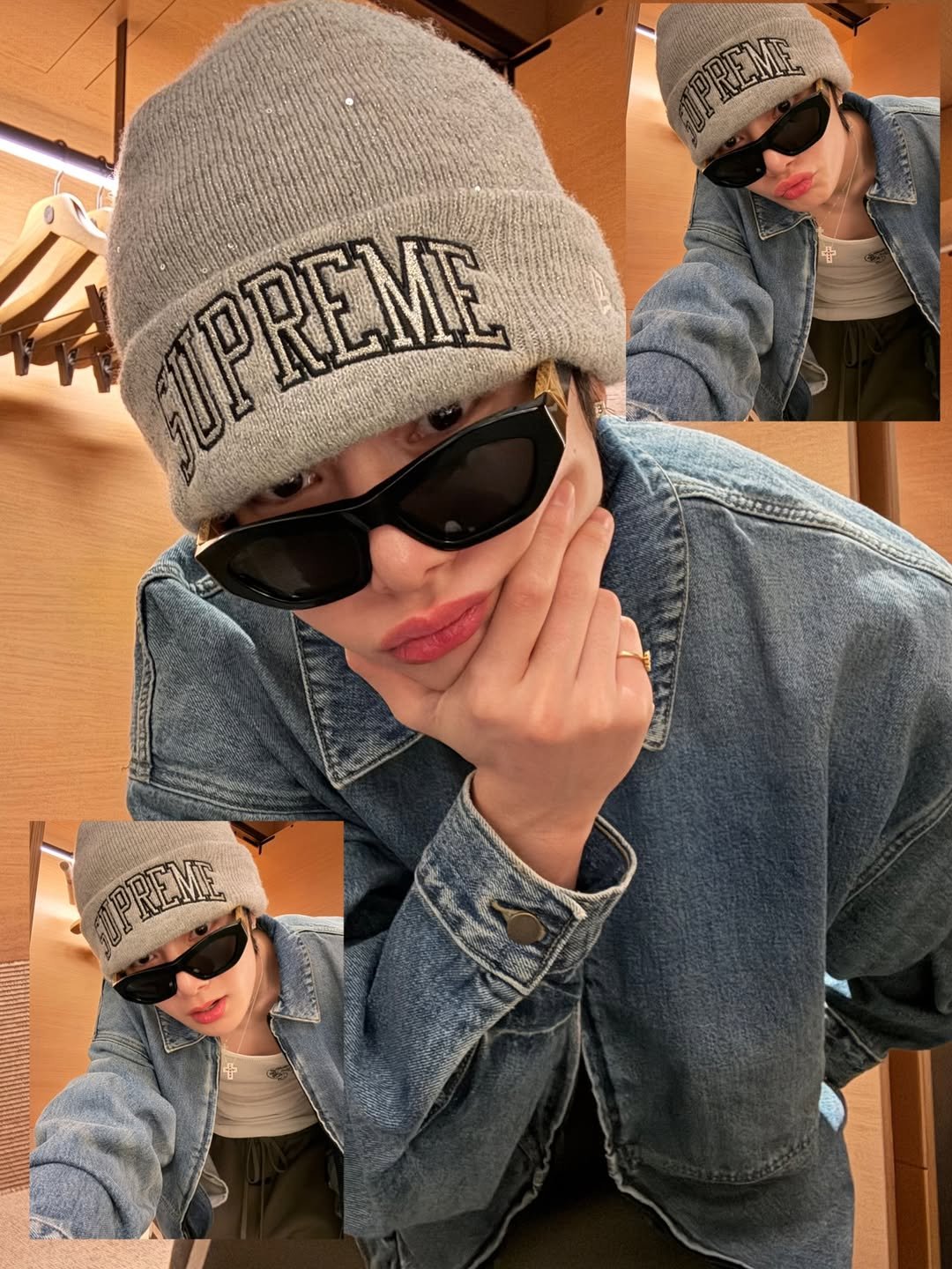 Photo by I.N on November 30, 2025. May be an image of hat, parka, glasses, beret and text that says 'PREME UPREME OPRENE REME AL CAD'.