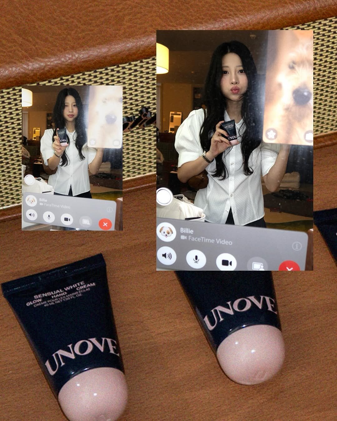 Photo shared by soal on October 01, 2025 tagging @unove.official. May be an image of 2 people, lipstick, makeup, hair product, cosmetics, hand cream, ointment, lotion, perfume and text that says '1ND) Bifie ficeTimewd Billie BiFaceTimeVideo I FaceTime FaceTimeVideo Video 二〕 UNOVI UNOVE'.