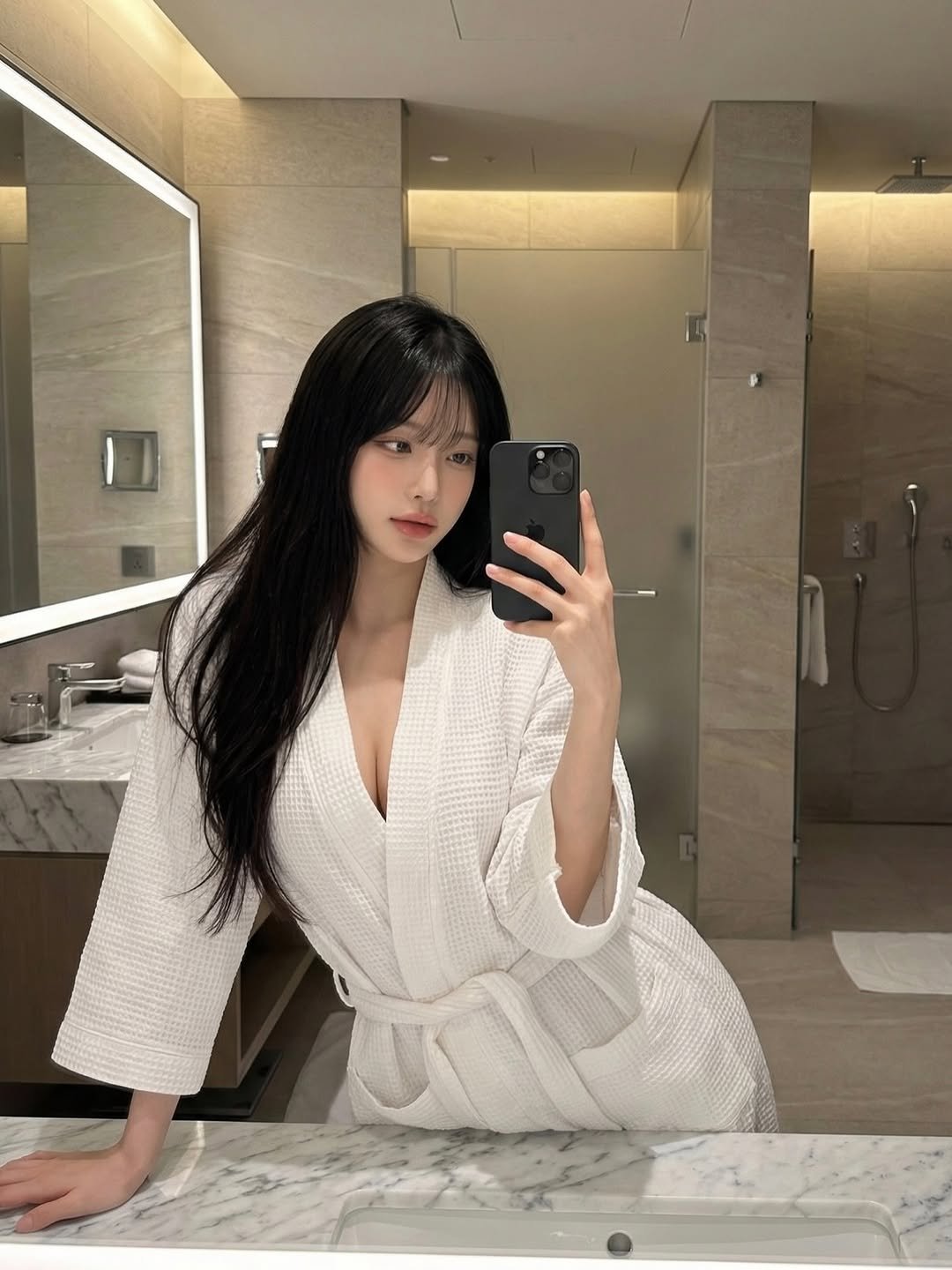 Photo by 세연 Seyeon🐶 on January 25, 2026. May be a selfie of one or more people, hair, sleepwear, slip, bath robe, robe and text.