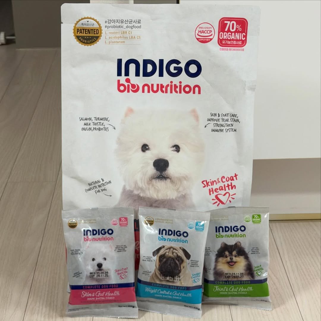 Photo shared by 쫄보 김애봉 𐙚 on January 02, 2026 tagging @indigopaw_official. May be an image of dog, petfood and text.