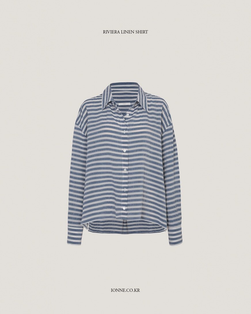 Photo by 나는꽃 on March 05, 2026. May be an image of stripes and text that says 'RIVIERA RIVIERALINENSHIRT LINEN SHIRT IONNE.CO.KR CO.KR IONNE'.
