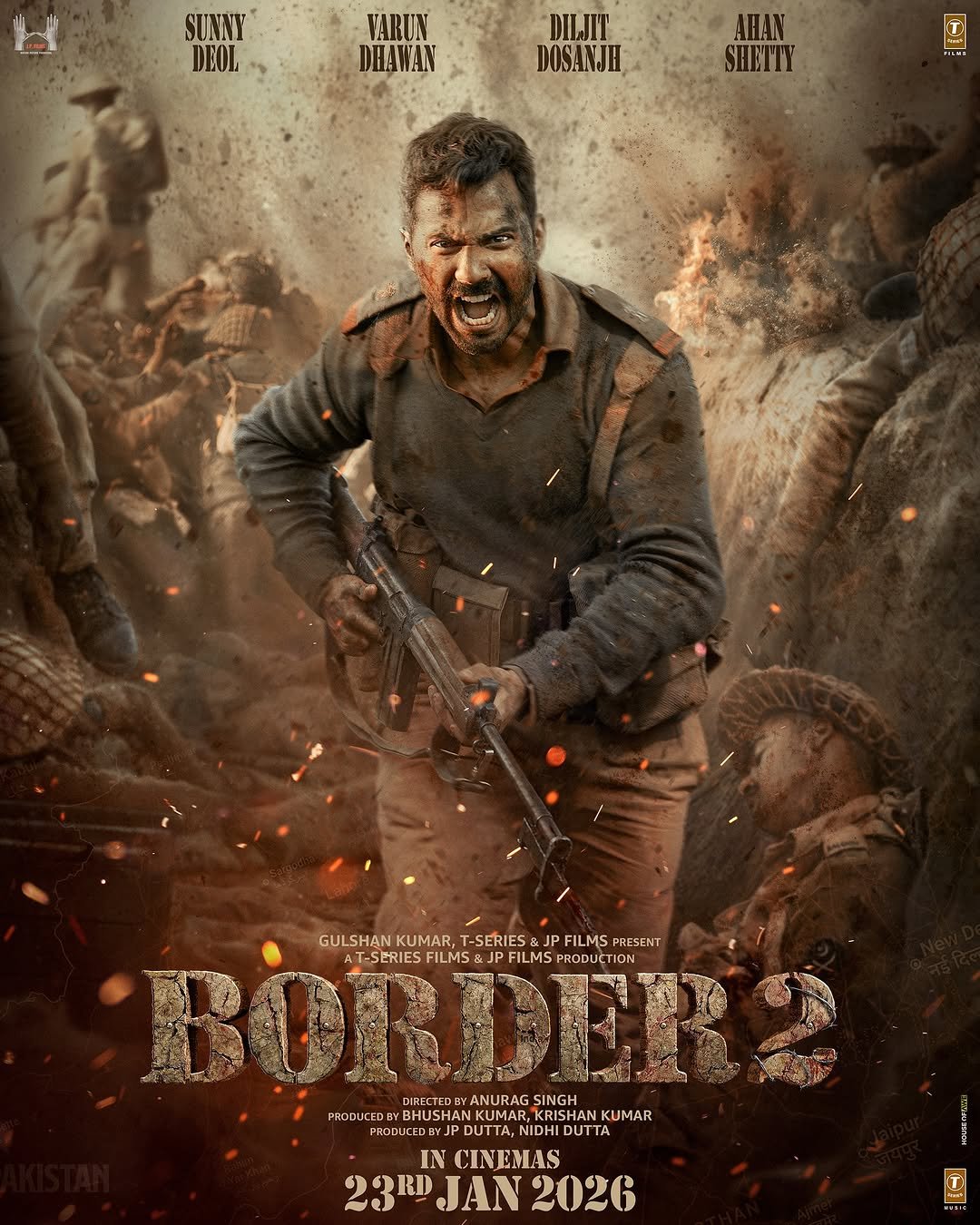 Photo by Sunny Deol on November 04, 2025. May be a cartoon of poster and text that says 'SUNNY DEOL FARUN DHAWAN DILJIT DOSANJH SHETTY I FILTA GULSHAN KUMAR, T-SERIES GULSHAWKUMAR,T-SERIESAJPFLIP JP FILMS PRESENT BORDER PRODUC ATSERESFLNSE.JPFLIMSPMOUCIO T-SERIES FILMS: JP FILMS υςτια CTION TION DIRECTED ANURAG SINGH PRODUCED BHUSHAN ਭ KUMAR, ,KRISH RISHA KUMAR PHODULED PDUTTA DUTTA IN CINEMAS 23RD JAN2026 JAN 2026 S'.