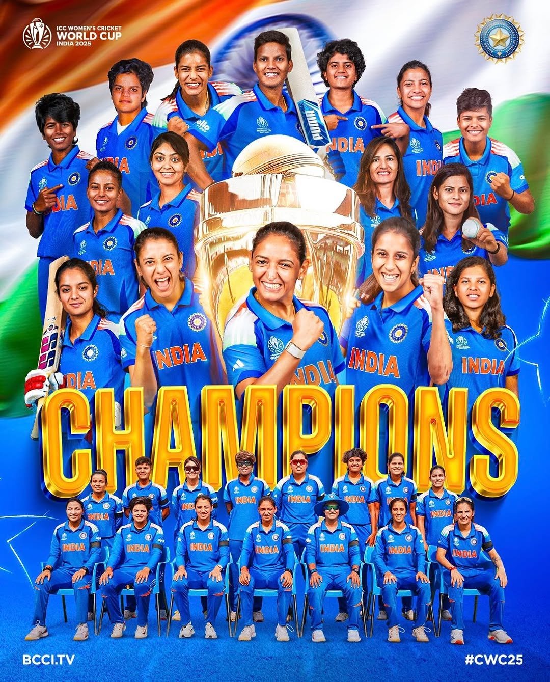Photo shared by Sunny Deol on November 02, 2025 tagging @imharmanpreet_kaur, @jemimahrodrigues, @officialdeeptisharma, and @shafalisverma17. May be an image of soccer, football, poster, stadium and text that says 'ICC WOMEN'S CRICKET WORLD CUP INDIA INDIA2025 WO 2025 ် 電行 IDIA SIA IND NIA IA NDIA DI! INDIA INDIA CHAMPIONS NDIA IA NDLA INDIA INDIA INDIA INDIA INDIA INDIA INDIA INDIA INDIA INDIA BCCI.TV #CWC25'.