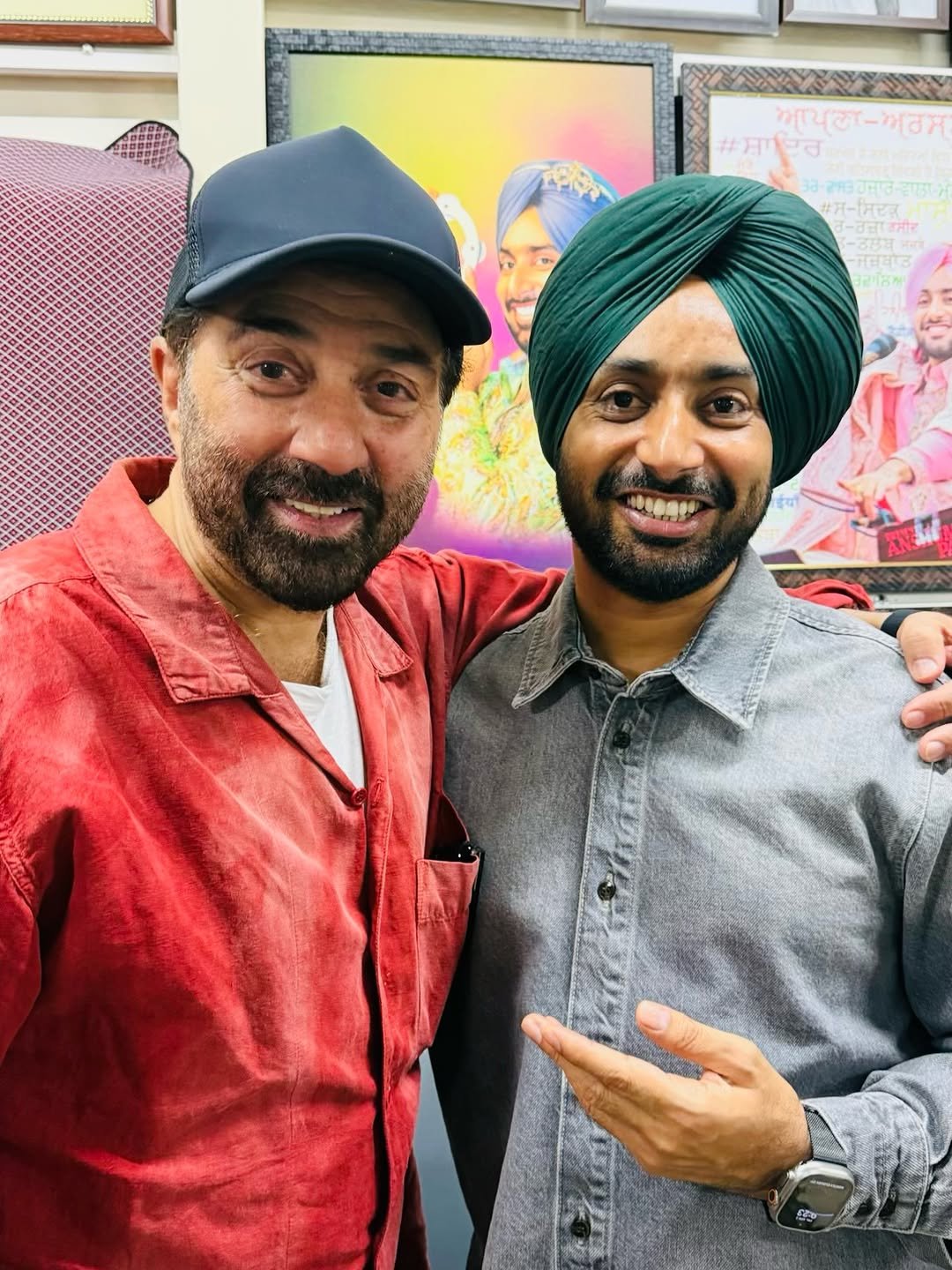 Photo shared by Sunny Deol on April 05, 2026 tagging @satindersartaaj. May be a selfie of one or more people, beard, turban and text.
