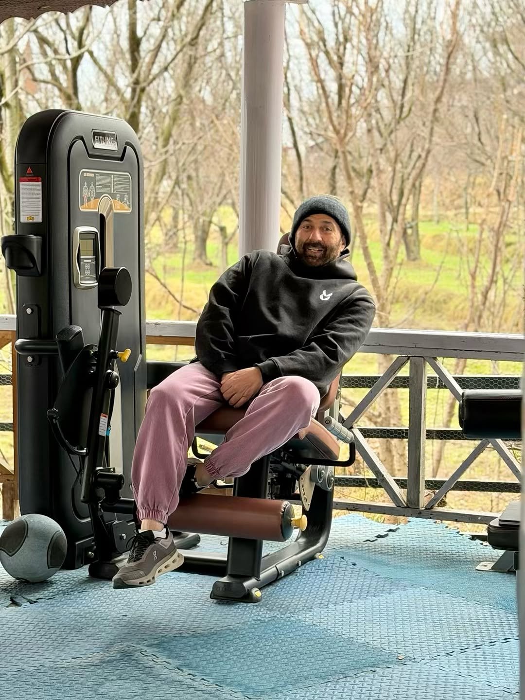 Photo by Sunny Deol on February 13, 2026. May be an image of one or more people, beard, sweatsuit, sweatpants, treadmill, park and text.