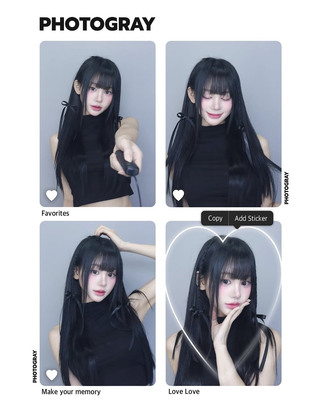 Photo by 오연하 on September 05, 2025. May be an image of 4 people, hair and text that says 'PHOTOGRAY Favorites Copy Menenan Add AddSticker Sticker Meo Makeyour Make Makeyourmemory your memory Love LoveLove Love'.