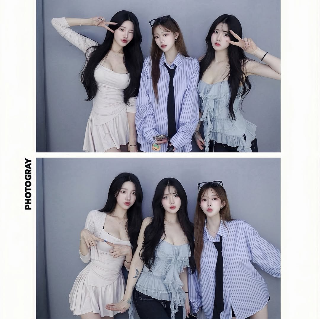 Photo shared by 숨니 on September 03, 2025 tagging @myu__n_, and @wywyflzl. May be an image of 6 people and text that says 'PHOTOGRAY'.