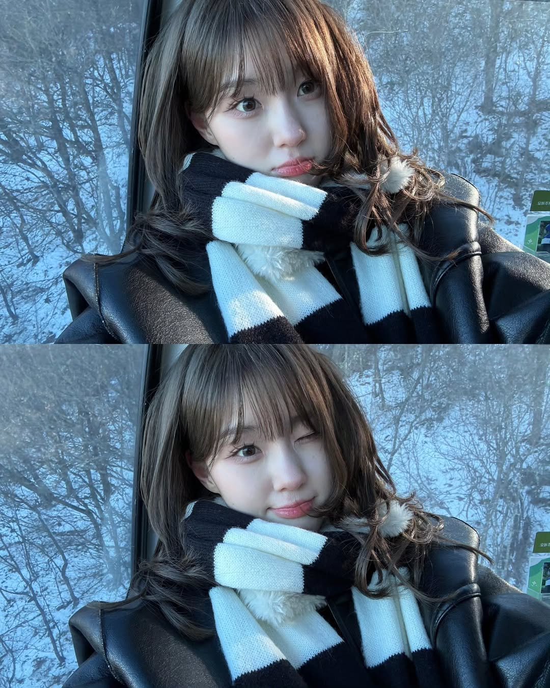 Photo by 김채현 KIM CHAEHYUN on January 23, 2026. May be an image of one or more people, hair, duffle coat, scarf, parka, snow and text.