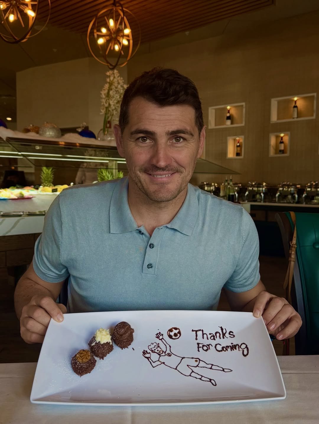 Photo shared by Iker Casillas on March 20, 2026 tagging @experiencekissimmee. May be an image of ‎truffle, chocolate cake and ‎text that says '‎Thanks > م For Coming میر محع‎'‎‎.