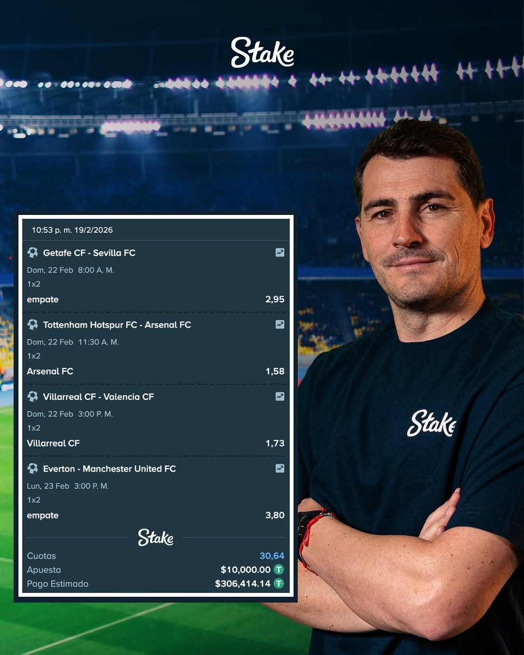 Photo shared by Iker Casillas on February 21, 2026 tagging @stakeespanol. May be an image of tennis, soccer, football, card, sports equipment, stadium and text that says '••• •• .......... .... Stake .. ￥ mmm momN 10:53p.m. m. 19/2/2026 C Getafe CF Sevilla FC Dom, 22 Feb 8:00A M. 1x2 M N empate Tottenham Hotspur FC Arsenal FC 2,95 11:30A. F Arsenal FC Villarreal CF Valencia CF 1,58 3:00 M. M Villarreal CF Everton Manchester Lun, 1,73 FC Feb 3:00P M. 1x2 2 empate Stake 3,80 Stake Cuotas Apuesta Pago Estimado 30,64 $10,000.00 T $306,414.14'.