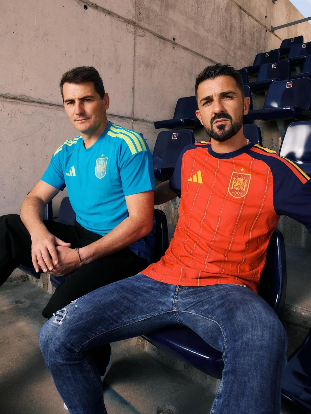 Photo shared by adidas_es on November 07, 2025 tagging @ikercasillas, and @davidvilla. May be an image of one or more people, people playing soccer, people playing football, stadium and text.