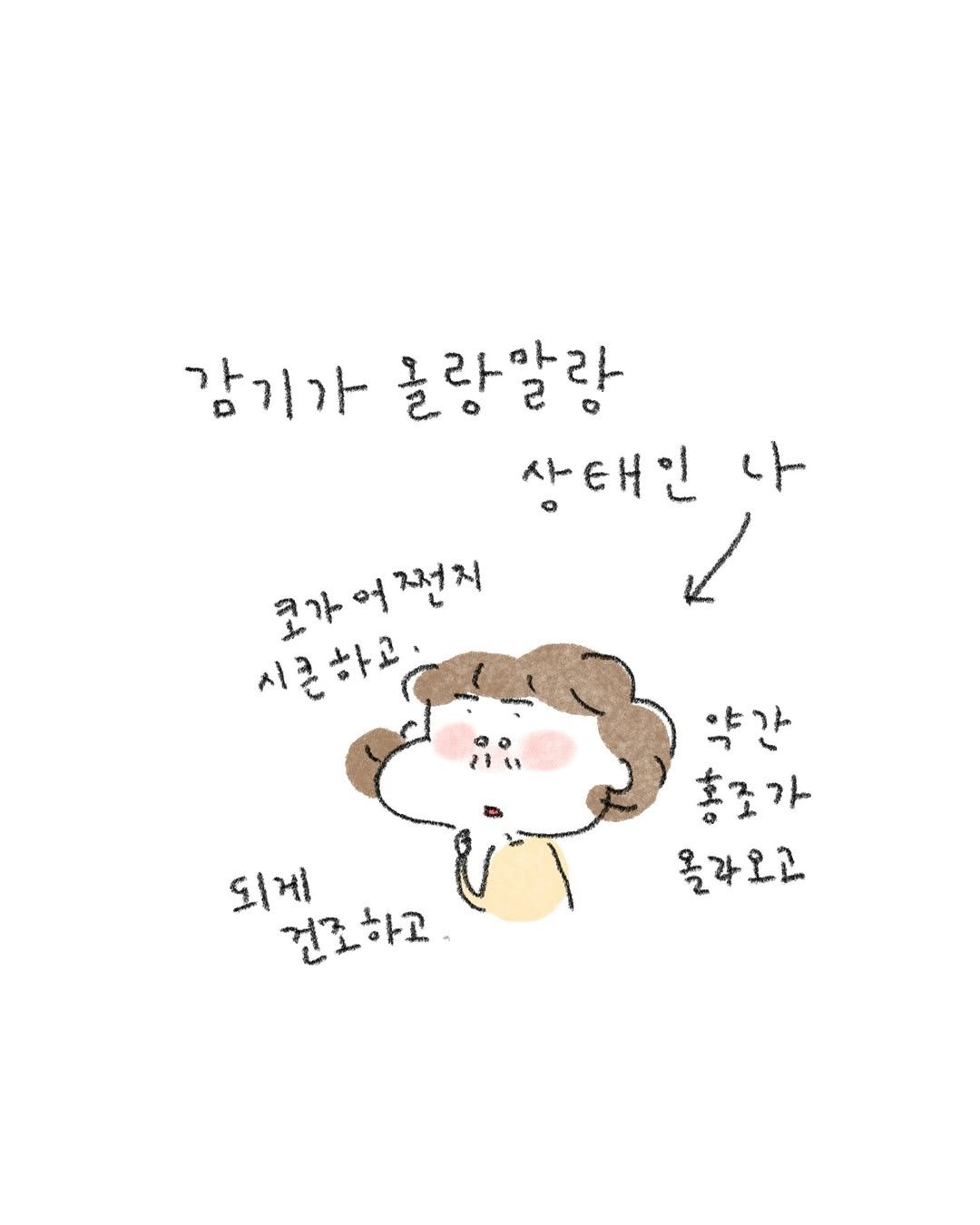 Photo by 정인 / 작가 일상툰 on February 12, 2026. May be an illustration of pie and text that says '나 감기가 글랑말랑 상태인 코가어전지 저전 어 저전지 시글하고 약간 홍조가 올라오고 되게 건조하고 건조 하고'.