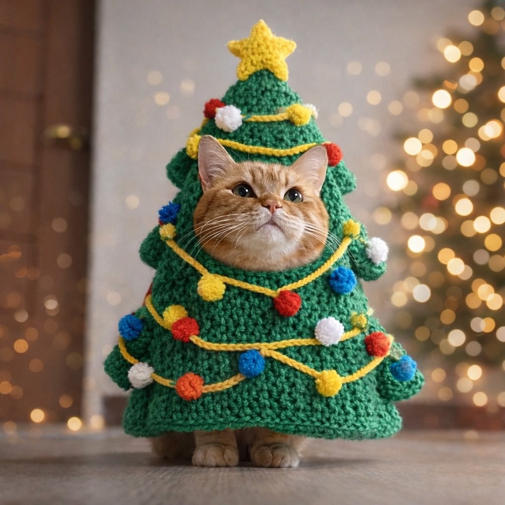 Photo by 이웃집고양이 덕배 on December 24, 2025. May be an image of kitten, christmas tree, crochet, tinsel and text.