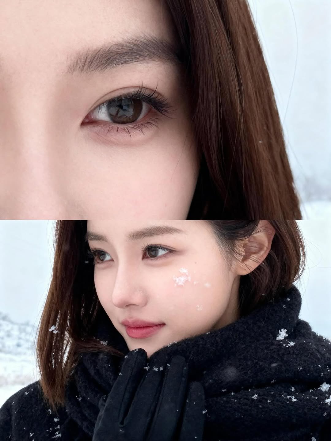 Photo shared by 라여사와 띠띠네 on October 31, 2025 tagging @caudaliekorea. May be a closeup of one or more people, eyeliner, hair, parka, snow and text.
