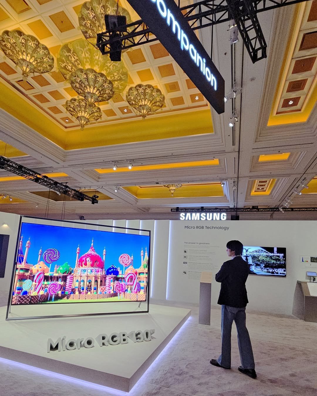 Photo shared by 안효섭 on January 07, 2026 tagging @samsungtv. May be an image of speaker, television, lighting, projector, screen and text.