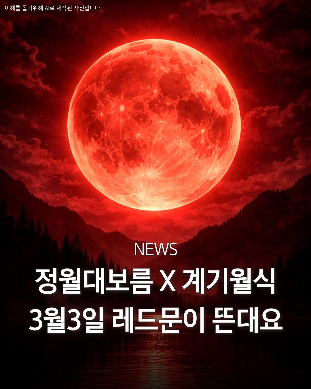Photo shared by 천안맛집 천안카페 천안데이트 아산맛집 아산카페 아산데이트 on February 22, 2026 tagging @sejong_9suk9suk, @daejeon_9suk9suk, @cheongju_9suk9suk, @pyeongtaek_9suk9suk, and @incheon_hotp. May be an image of poster and text that says '이해들동기위해시로제작된사진입니다 이해를 이하들동기위에시로제각된사진입니다. 돕 위해 로 제작된 사진 진입니다 NEWS 정월대보름 X 계기월식 3월3일 레드문이 뜬대요'.