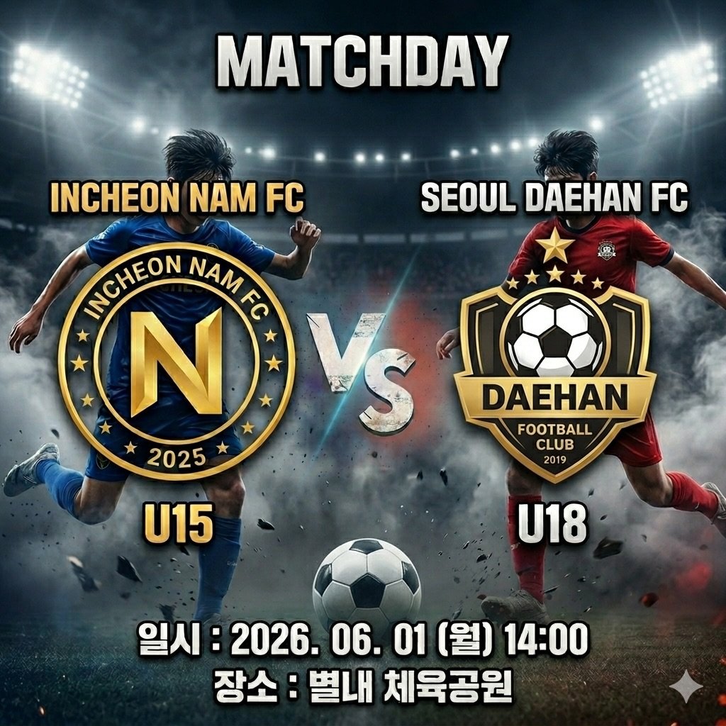 incheon_nam_u15 게시물 이미지: | 𝐈𝐂𝐍 𝐔𝟏𝟓

[인천남FC U15 진학경기]

🆚 서울 대한FC U18
🗓️...
