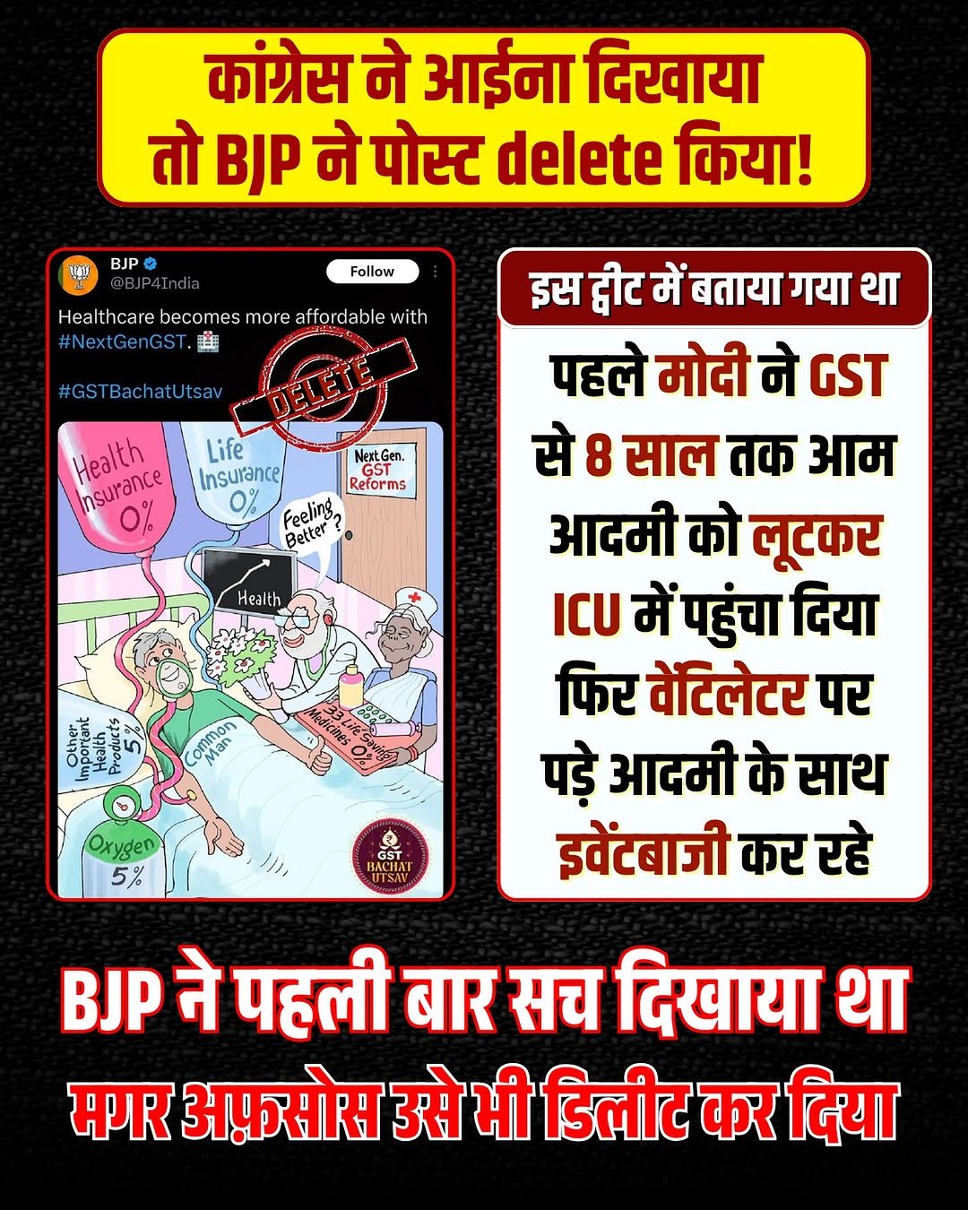 Photo by Congress on September 27, 2025. May be a meme of newspaper, poster and text that says 'कांग्रेस ने आईना दिखाया तो BJP ने पोस्ट delete किया! BJP Follow Healthcare becomes es more affordable with #NextGenGST 膳 #GST BachatUtsav Health Insurance Life Insurance GST GST Refor Reforms Feeling, Better Health इस द्वीट में बताया गया था पहले मोदी ने GST से 8 साल तक आम आदमी को लूटकर ICU में पहुंचा दिया फिर वेटिलेटर पर पड़े आदमी के साथ इवेंटबाजी कर रहे የርካ Healthte ommon Man Oxygen 5% GST UTSAY BJP ने पहली बार सच दिखाया था मगर अफ़सोस उसे भी डिलीट कर दिया'.