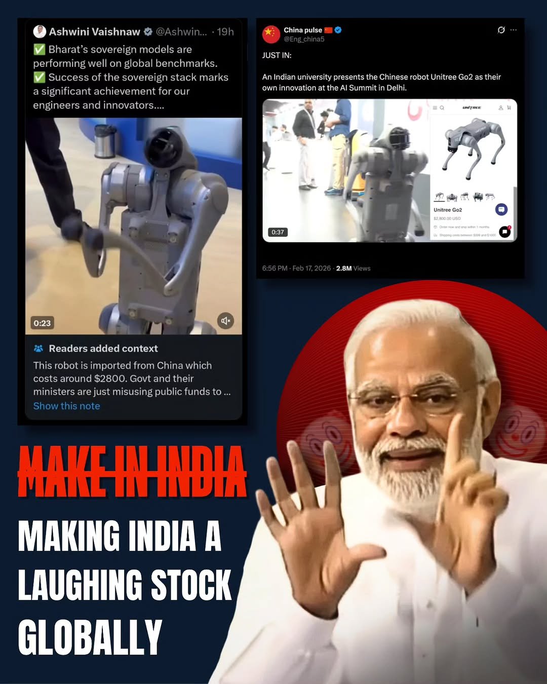 Photo by Congress on February 18, 2026. May be a meme of standing, poster and text that says 'Ashwini Vaishnaw China Chinapulse ulse Bharat's arat'ssovereign ssovere eign models are performing global benchmarks. Successo the sovere gn stackn stackmarks marks asignificant achievement for our en ngineers and innovators JUST hthámnmiesemmbom AnIndian AnIndianuniversitypr niversity presents C robot Unitree their own innovati tthe Summ Delh anlpase 0.37 島業 NE Unitree Unitiee Unltree 0:23 2.8M Readers added context mhs This robot imported from Chin which costsaround2800.Govrtandthei and their costs around $2800. Govt ministrsrstsnsu misusing publi fundsto. Showthisnote MAKING INDIA A LAUGHING STOCK GLOBALLY'.