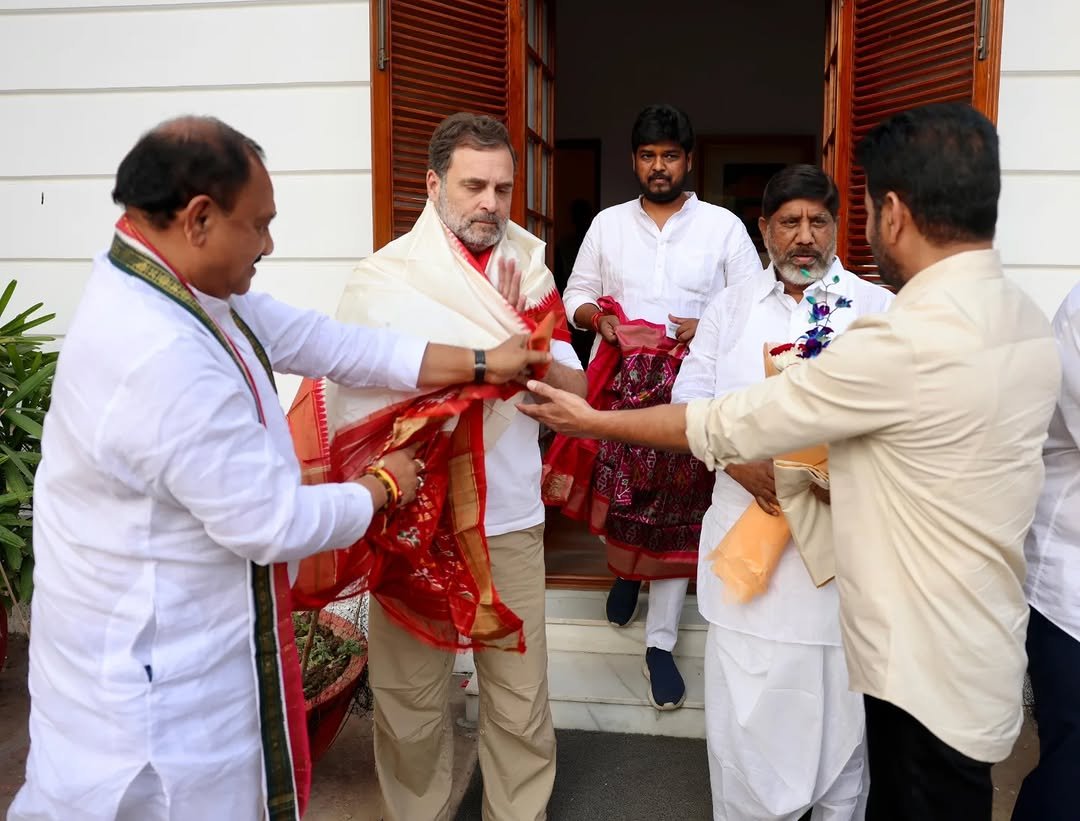 Photo shared by Congress on November 15, 2025 tagging @revanthofficial, and @k.c.venugopal. May be an image of one or more people, barong, temple and text.