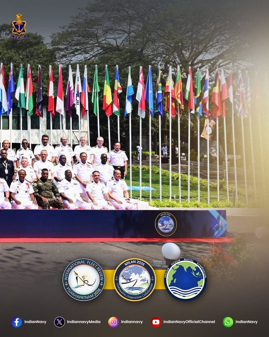 Photo by Indian Navy Official Account on February 19, 2026. May be an image of scoreboard, screen, banner, calendar, poster, flag, tablet and text.