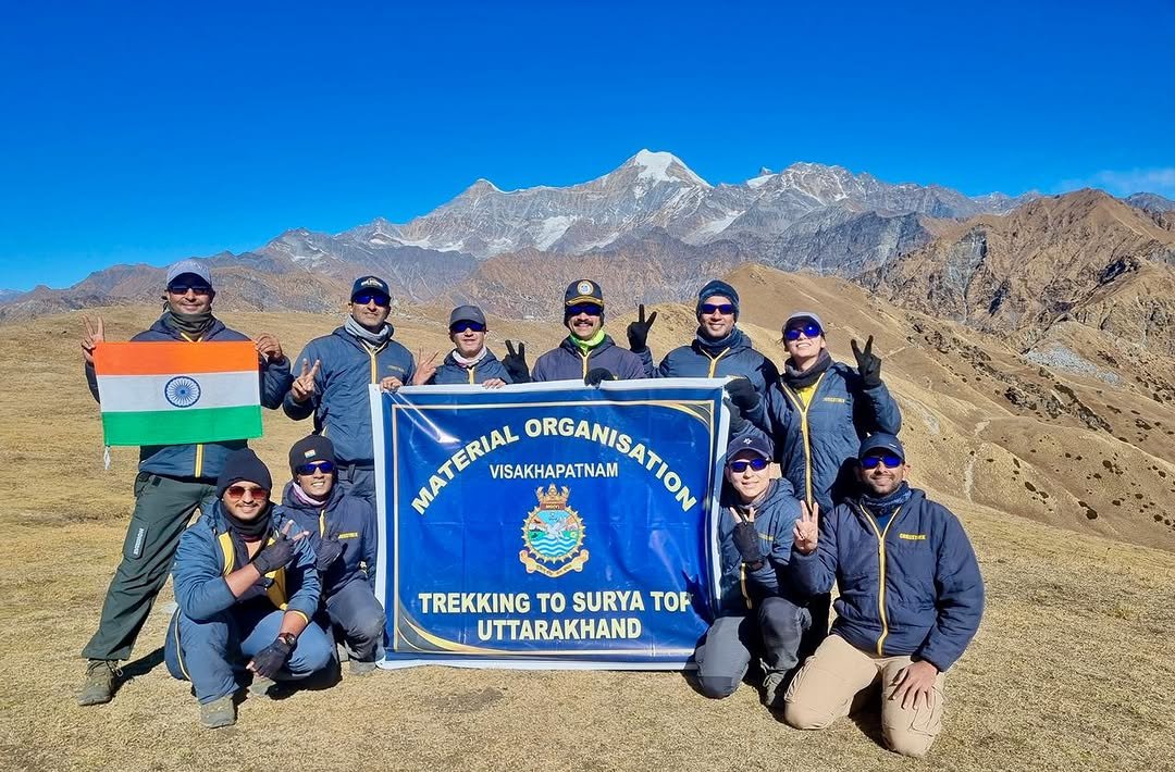 Photo by Indian Navy Official Account on December 04, 2025. May be an image of flag, outdoors and text that says 'MATERIAL ΜΑΜΚΟΣΝΜΝ VISAKHAPATNAM ORGAMISATION IITGN TREKKING TΟ SURYA TREKKINGTOSURYATOF TOK UTTARAKHAND'.