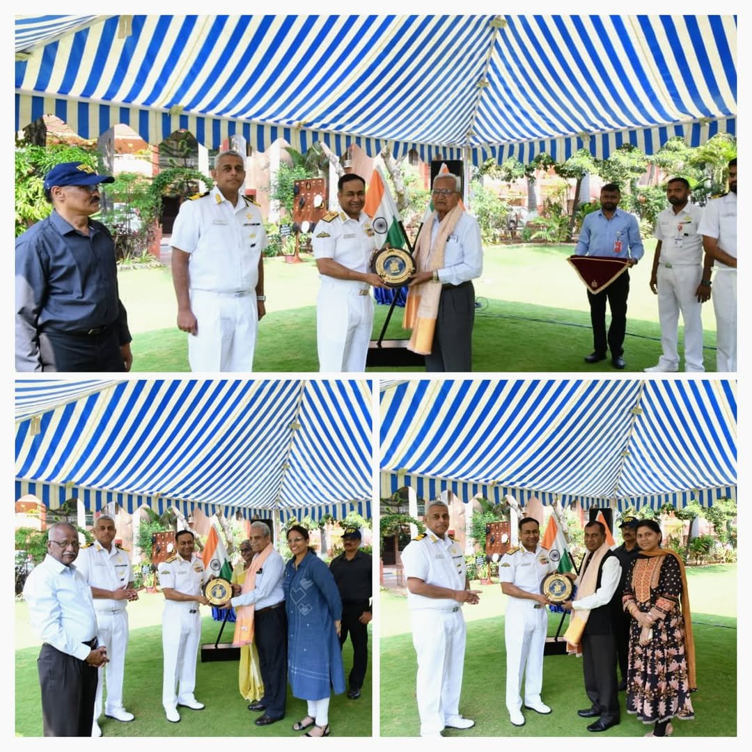 Photo by Indian Navy Official Account on March 03, 2026. May be an image of one or more people, people standing, parasol, dais, outdoors and text.