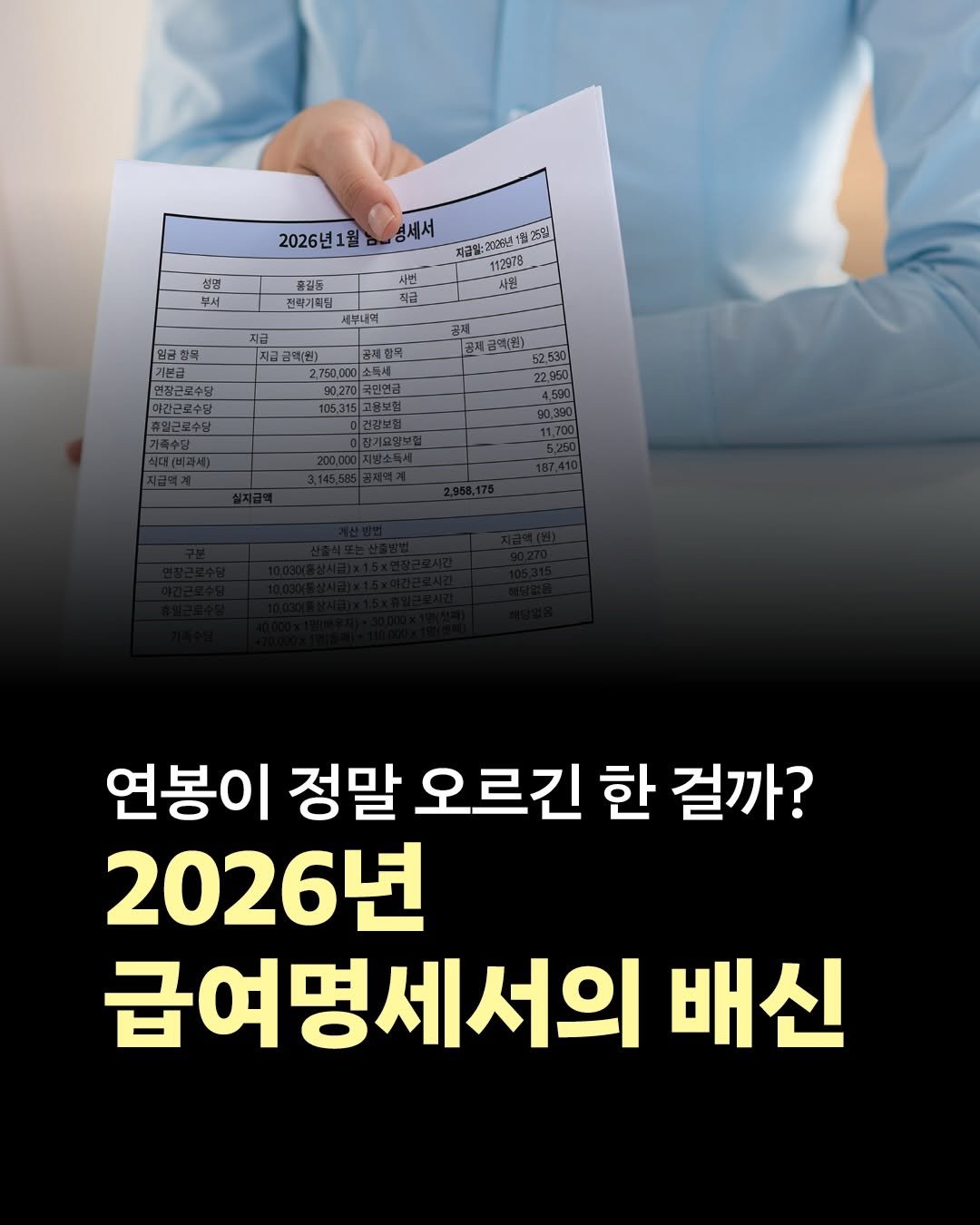 Photo by 인플루엔셜 on February 12, 2026. May be an image of text that says '2026년1 1월 경세서 성민 부서 지급할:3028년18 3026년 1007 112978 25입 사진 품질동 전학기확팀 새무내의 시번 제금 임금창목 지금 지금 금액(원) 750,000 90,270 연장교로수당 야간근로수당 공제 존제 금예(원) 52,530 22950 4,580 식대(비과세) 연봉이 정말 오르긴 한 걸까? 2026년 급여명세서의 배신'.