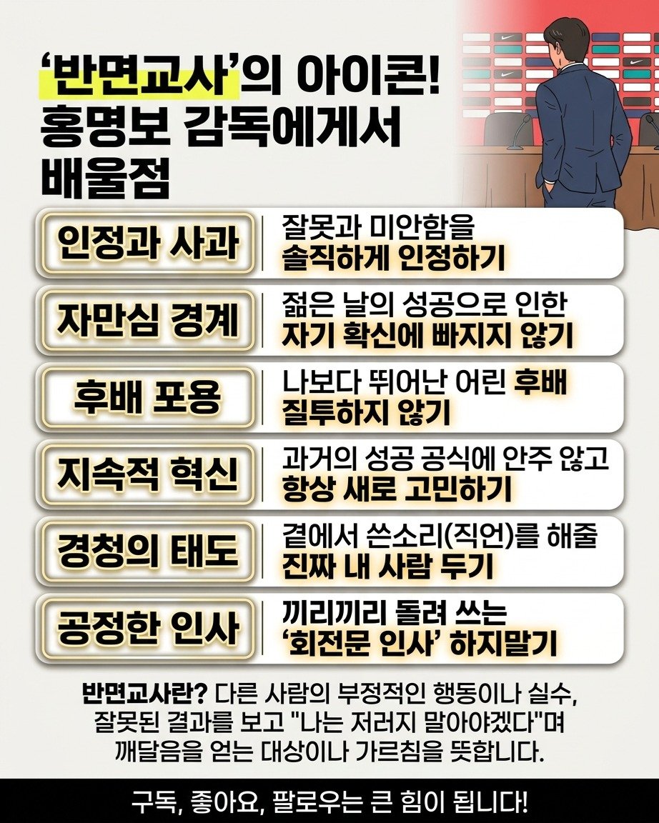 information_rank 게시물 이미지: '반면교사(反面敎師)'의 아이콘, 홍명보 감독에게서 배우는 6가지 교훈

과거의...