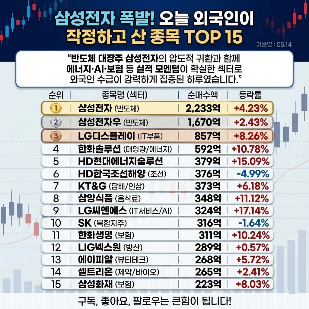 information_rank 게시물 이미지: 오늘 외국인이 코스피에서 찜한 종목은? 🚀

2026년 5월 14일, 코스피...